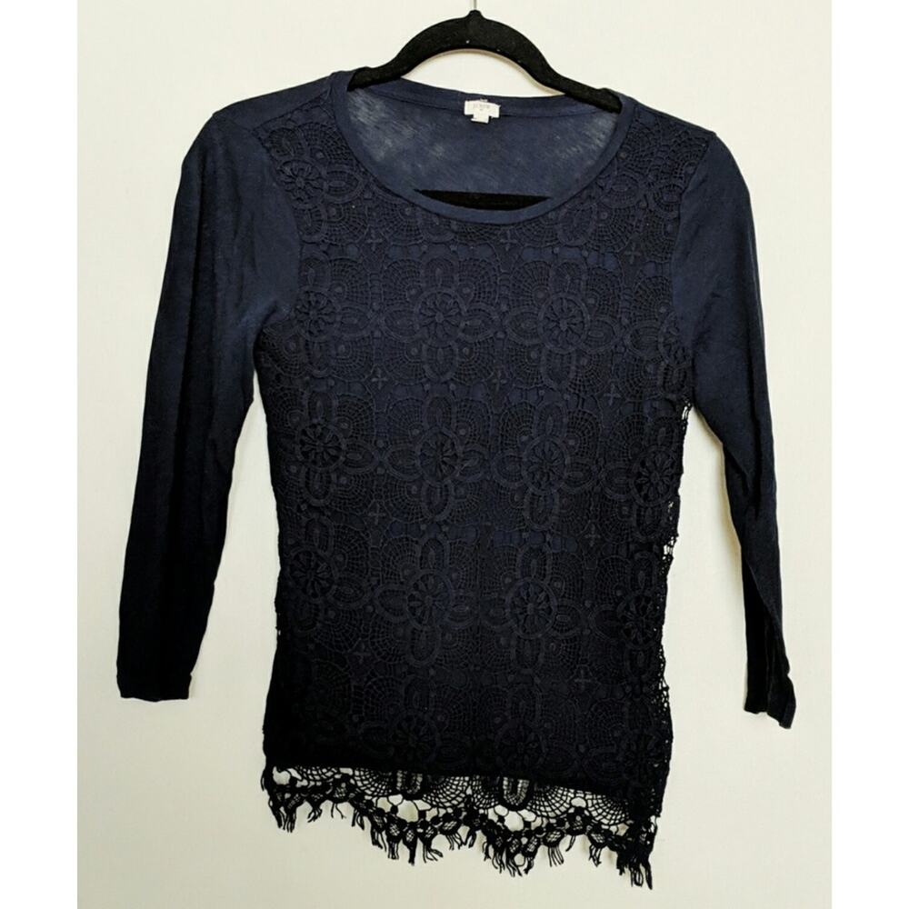 J Crew Factory Lace Front Top Navy Tee Cotton L